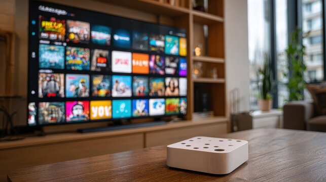Smart home hub device on wooden table with blurred television background