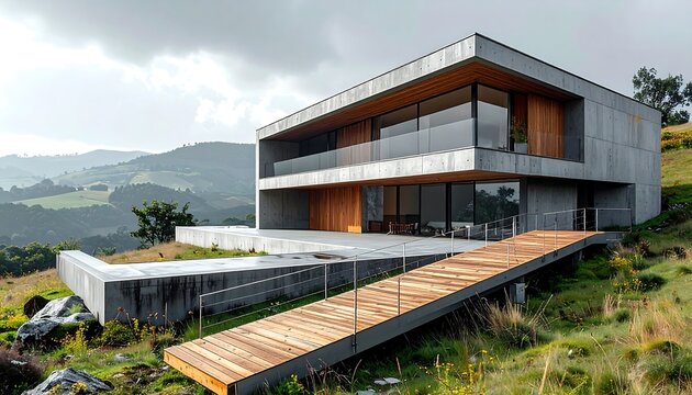 Modern two story concrete house with wooden panels on hillside overlooking green valley