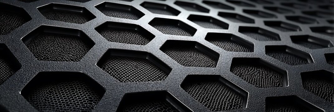 Dark metallic hexagonal grid pattern featuring textured black steel mesh surface with dramatic light reflections for industrial and futuristic design concepts