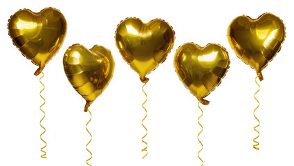 Isolated group of shiny gold heart shape foil balloons with curly ribbons, celebration design © Cian