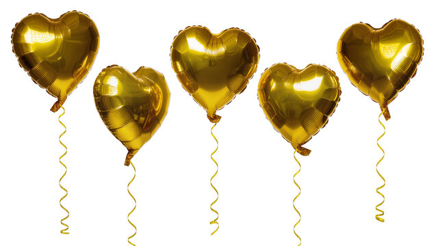 Isolated group of shiny gold heart shape foil balloons with curly ribbons, celebration design