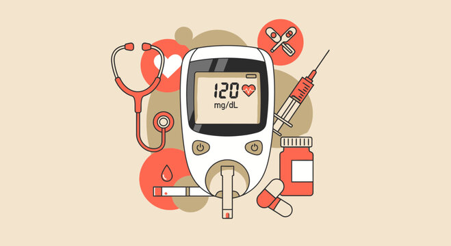 Medical Illustration Featuring Blood Glucose Meter, Syringe, Pills, and Stethoscope