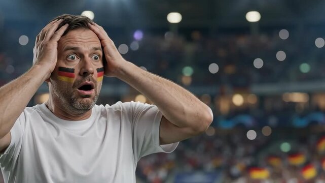 German soccer fan with face paint in distress at stadium, expressing emotion