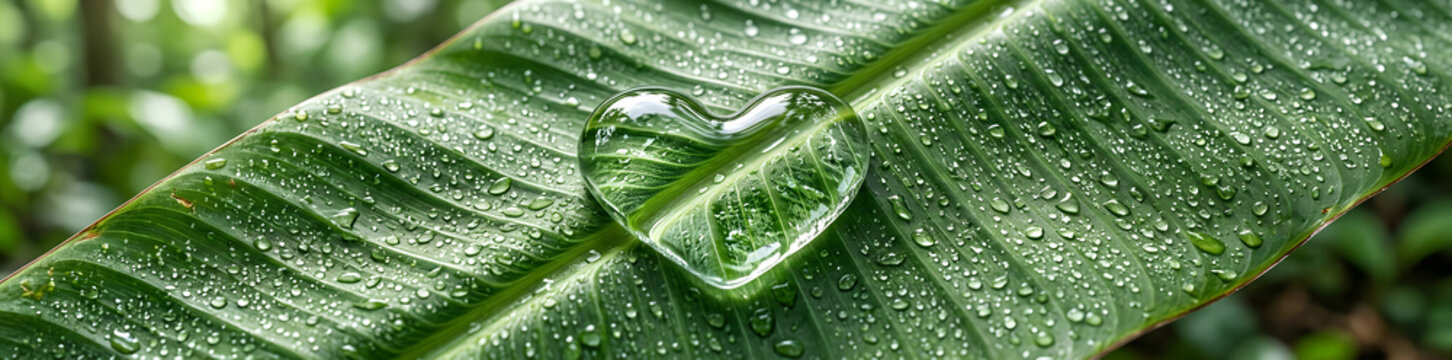 Heart shaped water drop on green leaf. Nature symbol of love and ecology. Fresh morning dew on plant surface. Concept of sustainability, wellness, life and environmental protection.