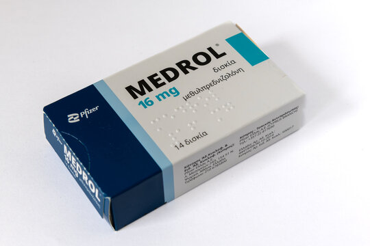 London. UK- June 07. 2026. A box of prescription only corticosteroid medicine Medrol 16mg tablets isolated on white.