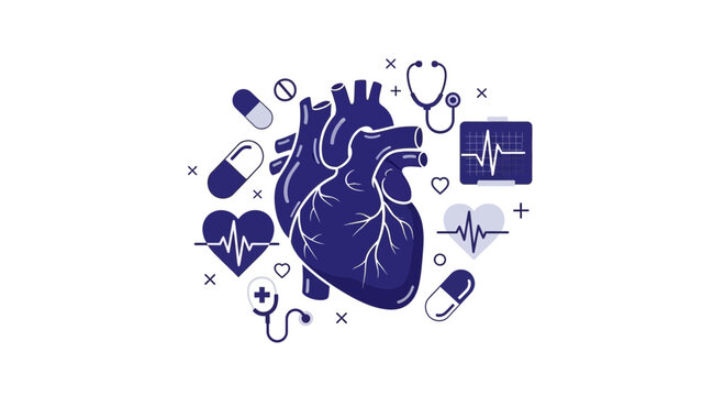 Medical Illustration Featuring Human Heart Anatomy and Cardiovascular Health Symbols