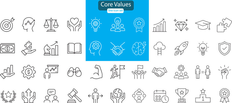 Core Values icon set. Ethics and business, integrity, honesty, respect, responsibility, teamwork, innovation, trust, vision