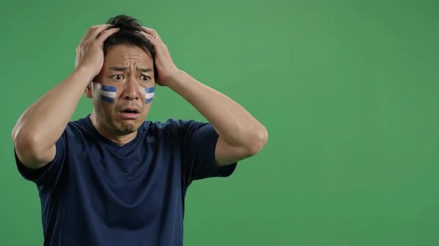 Shocked man with face paint reacting to World Cup soccer game on green screen