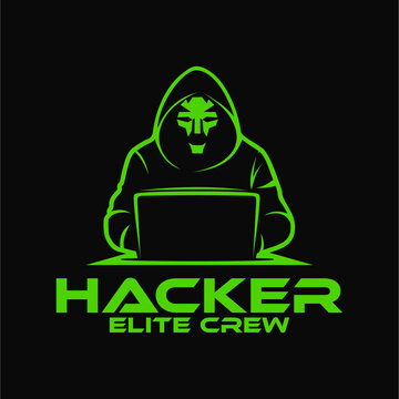 Illustration vector of anonymous hacker logo featuring a hooded man figure with a mask using a laptop isolated on black background suitable for hacker symbol or cybersecurity branding design