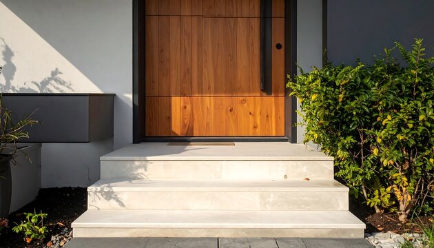 Modern house entrance with luxury wooden front door concrete stairs and green plants