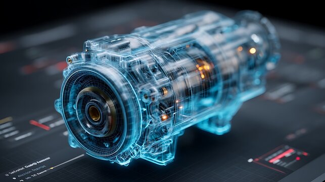 Futuristic holographic engine model with glowing blue wireframe lines and orange internal components displayed on a dark digital interface screen for engineering design