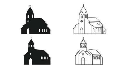 Naklejka premium Church Building Silhouettes Black And White Line Art Silhouette