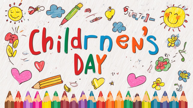 Colorful Children's Day greeting card with bright crayon drawings, cheerful handmade typography, kids celebration poster, school art concept, childhood creativity, education, happi