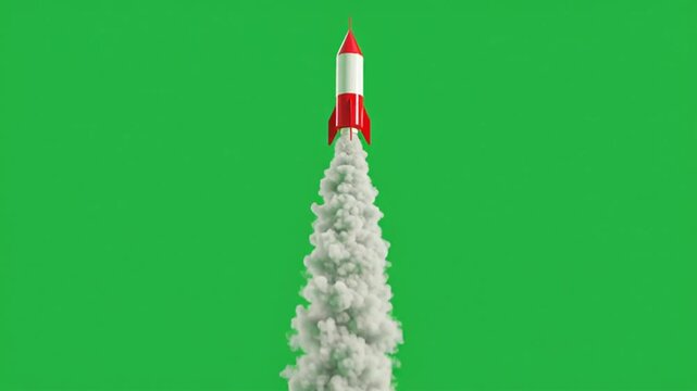3d animated rocket or missile flying upwards on a green background.