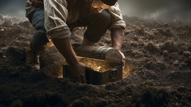 A man uncovering a hidden treasure chest beneath freshly plowed soil, Parable of the Hidden Treasure