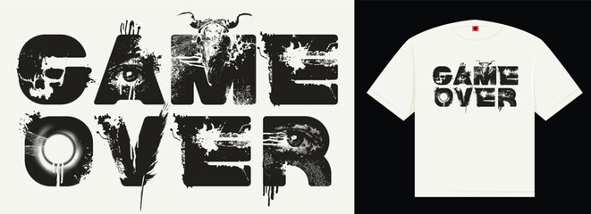 T-shirts graphic. Vector lettering "Game Over" in an urban grunge font featuring human eyes and skulls. Street art. Suitable for posters, album covers. © paseven