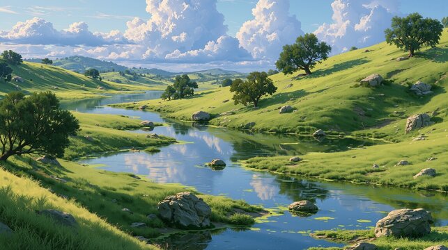 A peaceful green pasture with still waters, reflecting Psalm 23, serene landscape, hyper-realistic, soft morning light