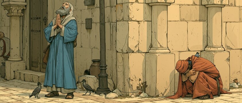 A pharisee praying loudly on a street corner, contrasting with a tax collector weeping and beating his chest