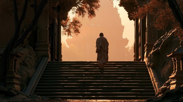A pilgrim ascending temple steps at sunrise, reverent journey