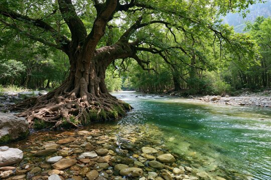 A righteous man compared to a deeply rooted tree by a river, flourishing green leaves, crystalline water, Psalm 1