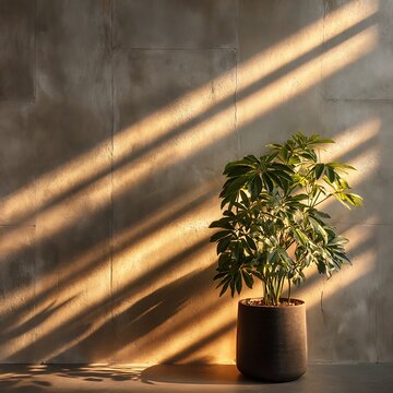 Potted schefflera plant standing against textured concrete wall illuminated by warm golden sunlight casting long diagonal shadows in minimalist modern interior