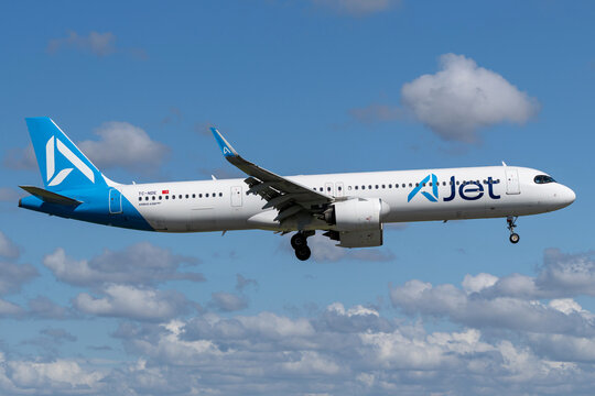 Vijfhuizen, Netherlands - June 5, 2026: Turkish AJet Airbus A321neo with registration TC-NDE on short final for runway 18R (Polderbaan) of Amsterdam Airport Schiphol