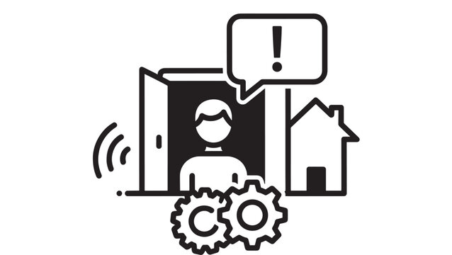 Person in Doorway with Speech Bubble and Exclamation Mark, Gears Icon, Stylized Tech Support Concept