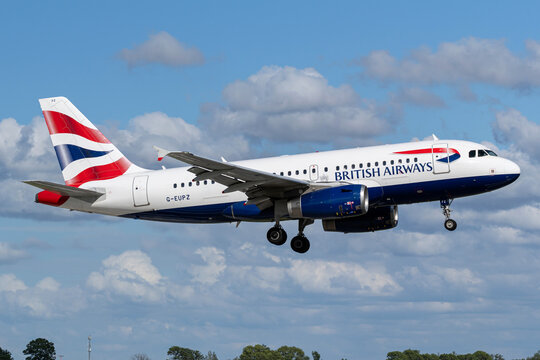 Vijfhuizen, Netherlands - June 5, 2026: British Airways Airbus A319-100 with registration G-EUPZ on short final for runway 18R (Polderbaan) of Amsterdam Airport Schiphol