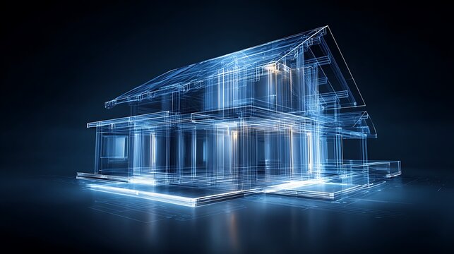 Glowing blue wireframe 3D model of a modern residential house showcasing detailed architectural design and structural planning against a sleek dark digital backdrop