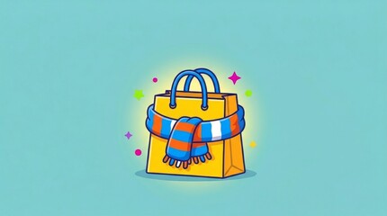 Obraz premium Yellow shopping bag with striped winter scarf cartoon illustration