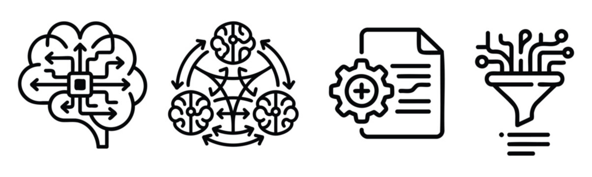 Artificial intelligence neural network icons set for machine learning and data processing.