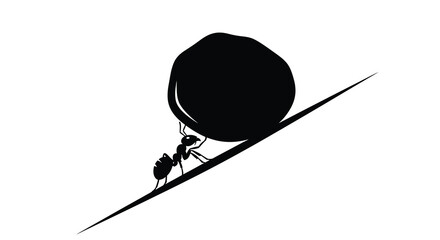 Ant pushing large rock up incline black silhouette © RASHIDA