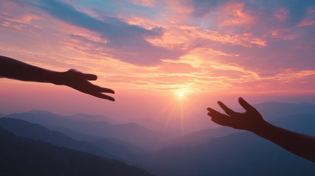 Two hands reaching towards each other against a beautiful sunset over mountain landscape