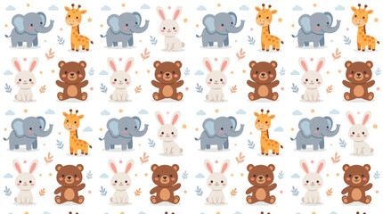 Naklejka premium Cute Baby Animals Pattern: Elephants, Giraffes, Bunnies, Bears - Seamless Background