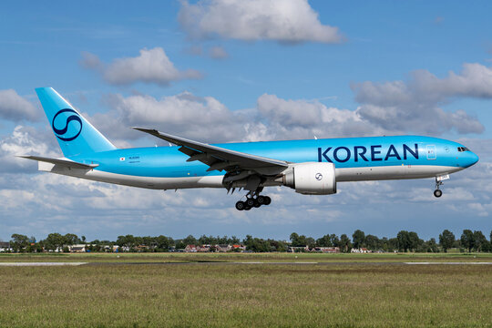 Vijfhuizen, Netherlands - June 5, 2026: Korean Air Boeing 777F with registration HL8285 on short final for runway 18R (Polderbaan) of Amsterdam Airport Schiphol