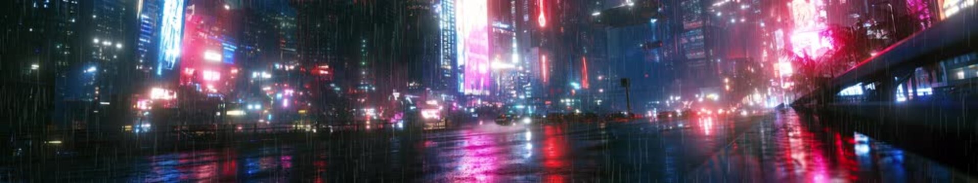 Futuristic Cyberpunk City at Night in Rain with Neon Lights Reflection on Wet Streets &mdash; Widescreen Sci-Fi Cityscape Loop