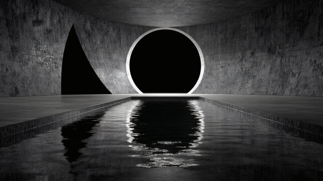 Minimalist concrete tunnel with water reflection