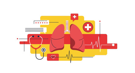 Naklejka premium Medical Illustration Featuring Lungs, Healthcare Symbols and a Detailed Stethoscope Display