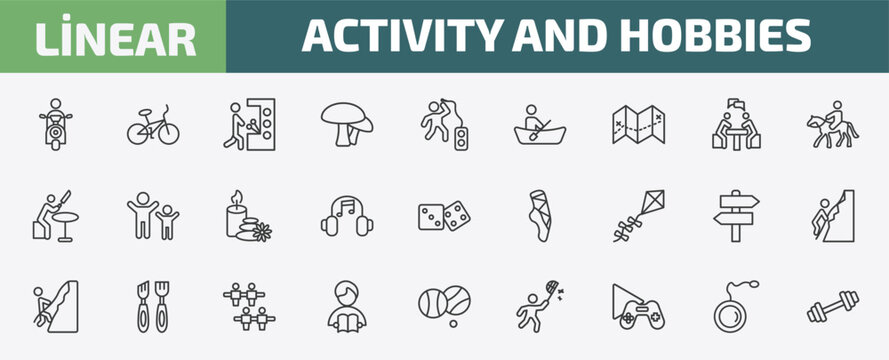 activity and hobbies outline icon set. thin line motorcycle riding, bmx, pachinko, yoyo and more icons. editable vector