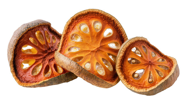 Isolated dried bael fruit slices, natural organic ingredient for traditional Asian herbal tea.