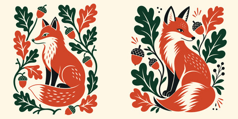Fototapeta premium Set of Scandinavian folk art illustrations featuring a red fox sitting among autumn oak leaves and acorns.