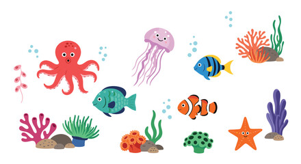 Obraz premium Cute cartoon underwater scene with a smiling octopus, jellyfish, colorful fish, corals, and a happy starfish.