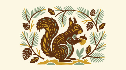 Scandinavian folk art illustration of a woodland squirrel holding an acorn among pine branches and pinecones. © GraphicGalaxy