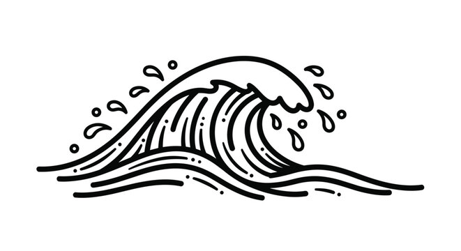 Thick black line art drawing of a crashing ocean wave with water splashes and droplets on a white background.