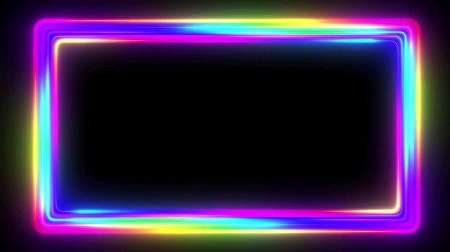 Panning shot of neon rectangle frame sliding and rotating across black background with colorful glowing light border in digital studio