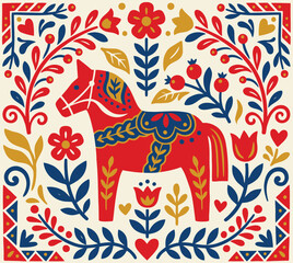 Traditional Swedish red Dala horse framed by Scandinavian folk art floral patterns and Kurbits designs. © GraphicGalaxy