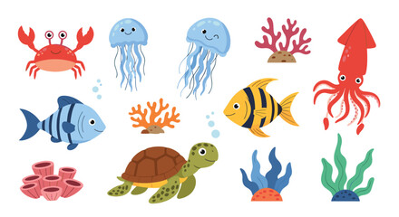 Naklejka premium Set of cute cartoon sea creatures and underwater marine plants including jellyfish, turtle, and corals on white.