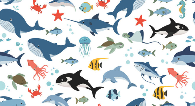 Seamless pattern with cute cartoon underwater sea animals and fish swimming in a marine background.