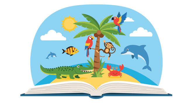 Open book with a colorful pop-up tropical island scene filled with exotic animals, birds, and palm trees.