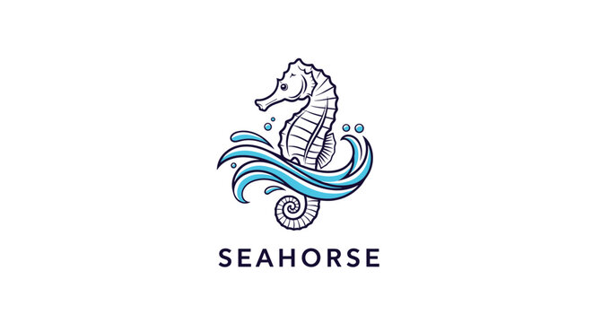 Vintage seahorse emblem with wave swirls in a hand-drawn engraved style isolated on a white background.